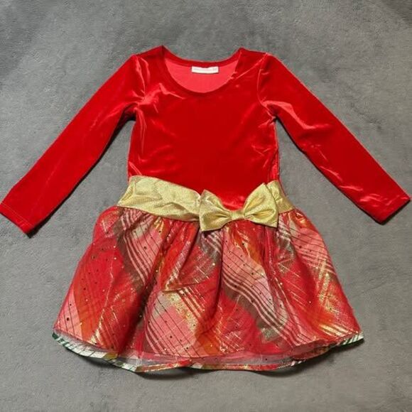 Bonnie Jean Girls Red Velvet Plaid Tulle Drop Waist Christmas Holiday Dress - Picture 2 of 7